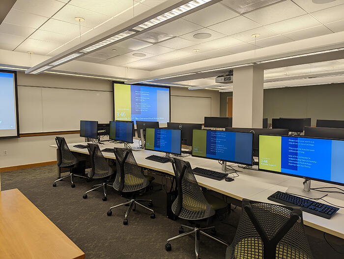 Computers and projecter in Marx Library Classroom 