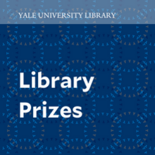 Yale University Library Library Prizes in white text on blue patterned background with the Yale Y