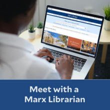 Person at a laptop computer looking at the Yale LIbrary website, with the text Meet with a Marx Librarian